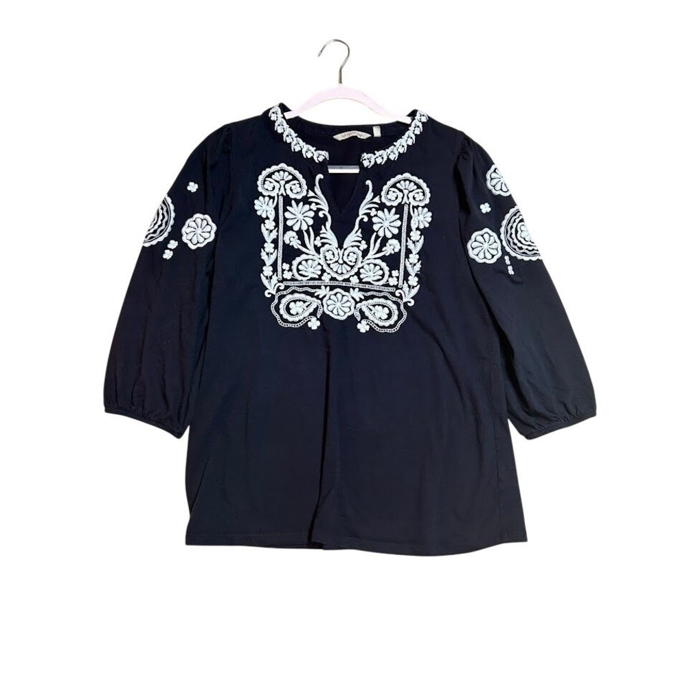 Soft Surroundings Womens Black Embroidered Boho‎ Split Neck Top Large